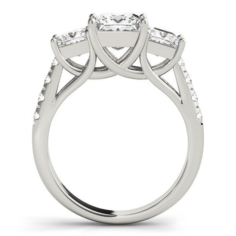 Silver Three-Stone Princess Cut Diamond Ring with Pavé Band and Prong Setting