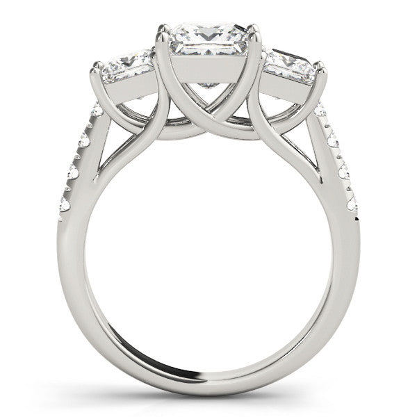 White gold Three-Stone Princess Cut Diamond Ring with Pavé Band and Prong Setting