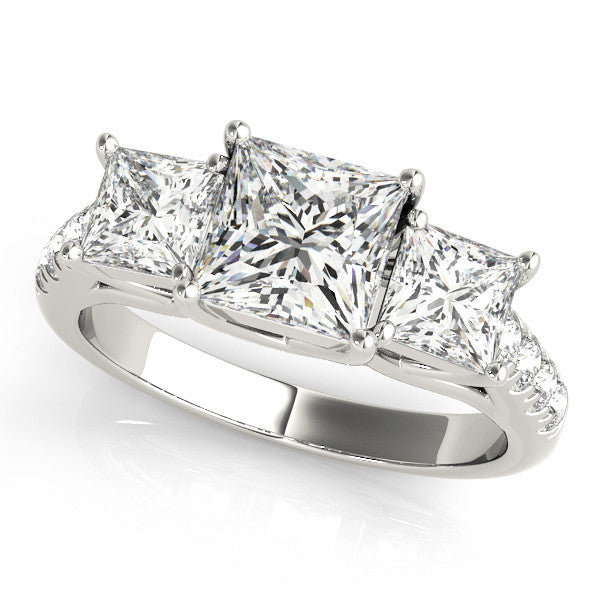 Silver Three-Stone Princess Cut Diamond Ring with Pavé Band and Prong Setting