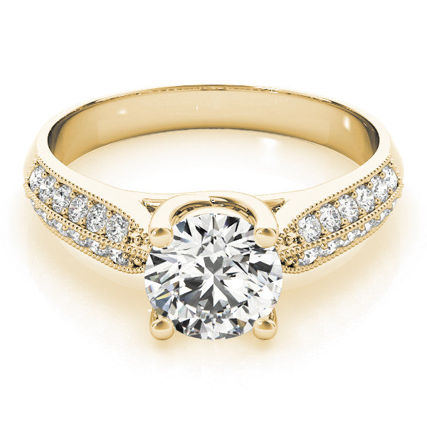 Yellow gold Round Brilliant Solitaire Engagement Ring with Pave Band and Four-Prong Setting