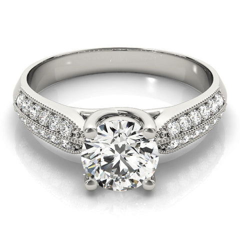 Platinum Round Brilliant Solitaire Engagement Ring with Pave Band and Four-Prong Setting