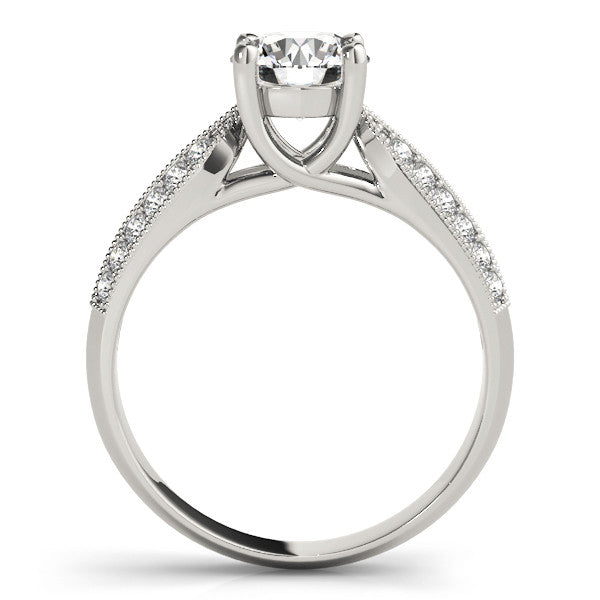 White gold Round Brilliant Solitaire Engagement Ring with Pave Band and Four-Prong Setting