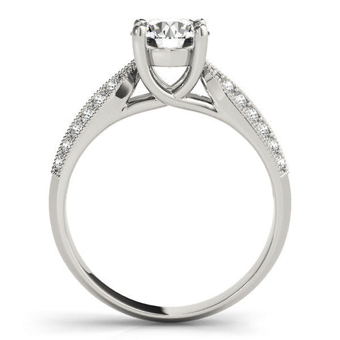 Platinum Round Brilliant Solitaire Engagement Ring with Pave Band and Four-Prong Setting