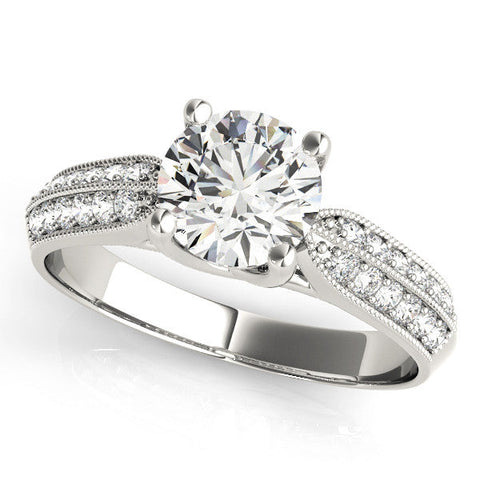 Platinum Round Brilliant Solitaire Engagement Ring with Pave Band and Four-Prong Setting