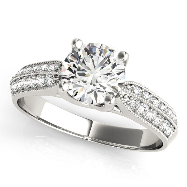 White gold Round Brilliant Solitaire Engagement Ring with Pave Band and Four-Prong Setting