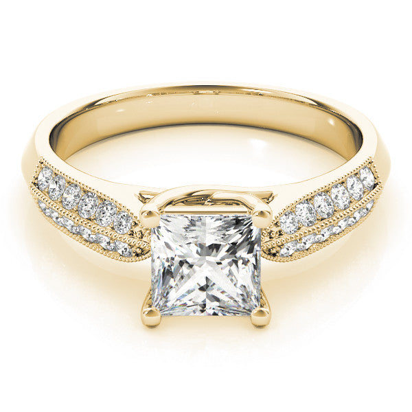 Yellow gold Princess Cut Pave Split Shank Engagement Ring with Four-Prong Setting