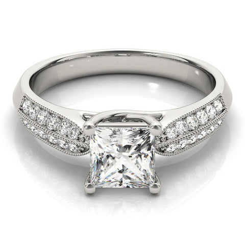 Platinum Princess Cut Pave Split Shank Engagement Ring with Four-Prong Setting