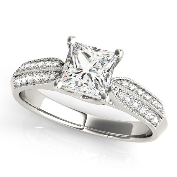 Silver Princess Cut Pave Split Shank Engagement Ring with Four-Prong Setting