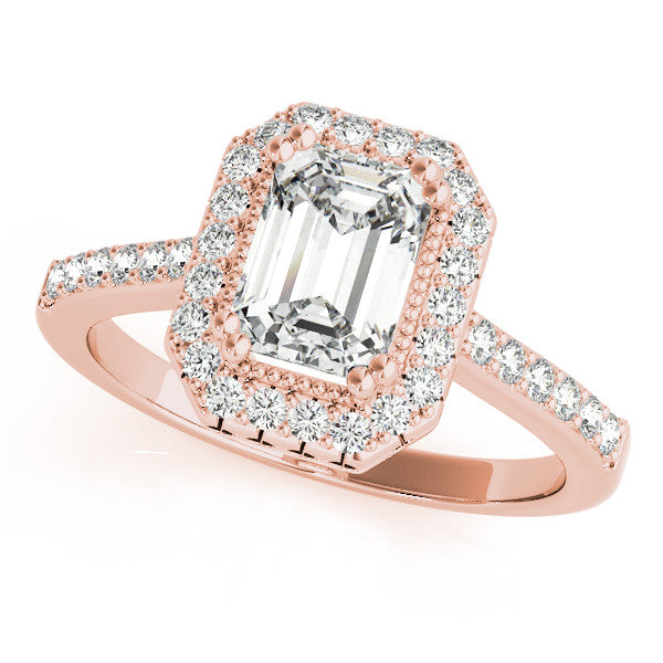 Rose gold Radiant Cut Halo Diamond Ring with Pave Band and Four-Prong Setting