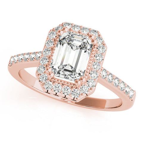 Rose gold Radiant Cut Halo Diamond Ring with Pave Band and Four-Prong Setting