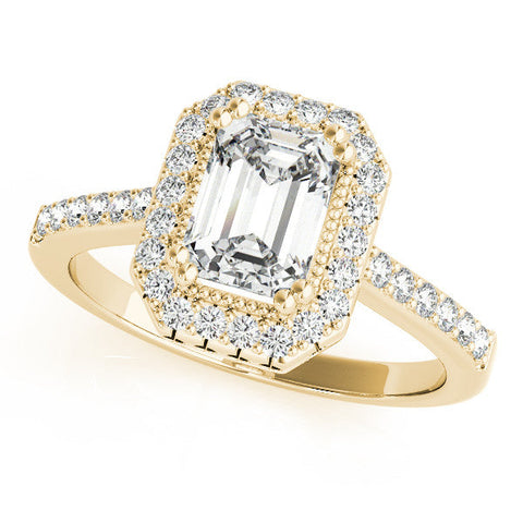 Yellow gold Radiant Cut Halo Diamond Ring with Pave Band and Four-Prong Setting