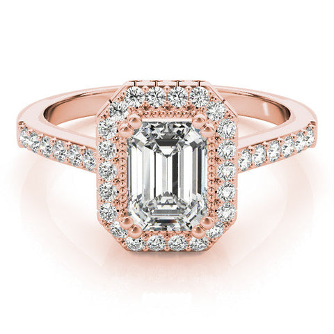 Rose gold Radiant Cut Halo Diamond Ring with Pave Band and Four-Prong Setting