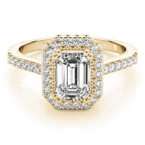 Yellow gold Radiant Cut Halo Diamond Ring with Pave Band and Four-Prong Setting
