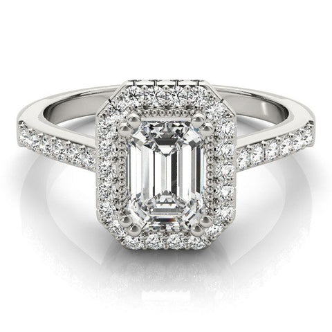 Platinum Cushion Cut Halo Diamond Ring with Pave Band and Four-Prong Setting