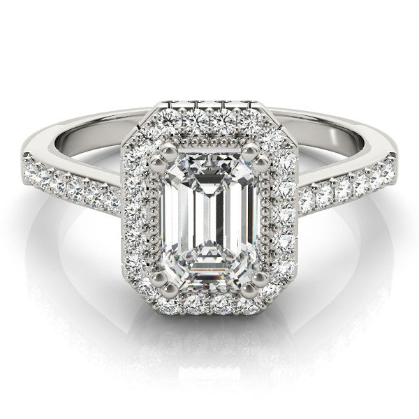 Platinum Radiant Cut Halo Diamond Ring with Pave Band and Four-Prong Setting