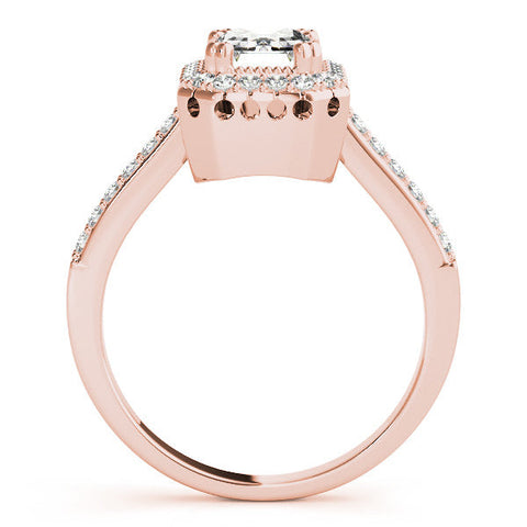Rose gold Radiant Cut Halo Diamond Ring with Pave Band and Four-Prong Setting