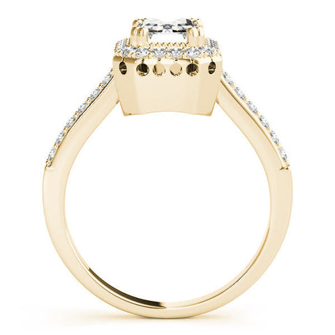 Yellow gold Radiant Cut Halo Diamond Ring with Pave Band and Four-Prong Setting