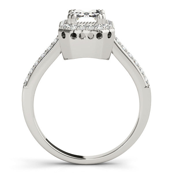 White gold Radiant Cut Halo Diamond Ring with Pave Band and Four-Prong Setting