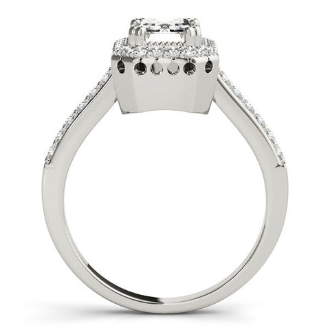 Silver Marquise Cut Halo Diamond Ring with Pave Band and Four-Prong Setting