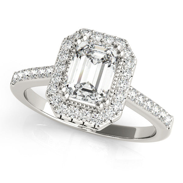 White gold Radiant Cut Halo Diamond Ring with Pave Band and Four-Prong Setting