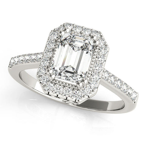 White gold Cushion Cut Halo Diamond Ring with Pave Band and Four-Prong Setting