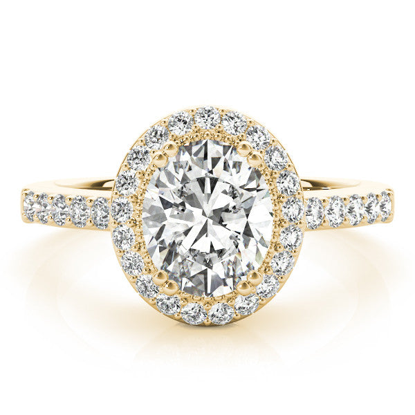 Yellow gold Oval Halo Diamond Ring with Pave Band and Four-Prong Setting