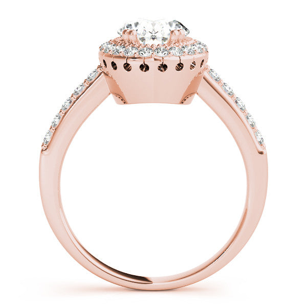 Rose gold Oval Halo Diamond Ring with Pave Band and Four-Prong Setting