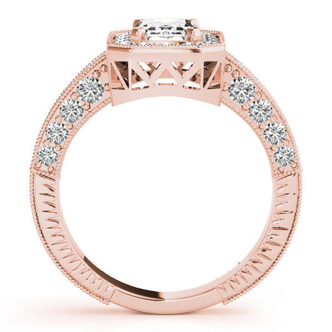 Rose gold Princess Cut Halo Diamond Pave Band Ring with Four-Prong Setting