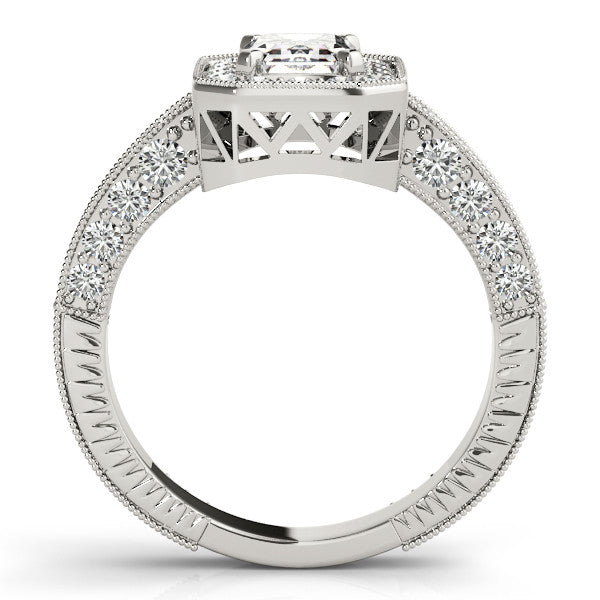 White gold Cushion Cut Halo Diamond Pave Band Ring with Four-Prong Setting