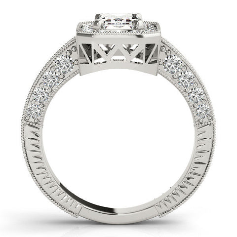 White gold Cushion Cut Halo Diamond Pave Band Ring with Four-Prong Setting
