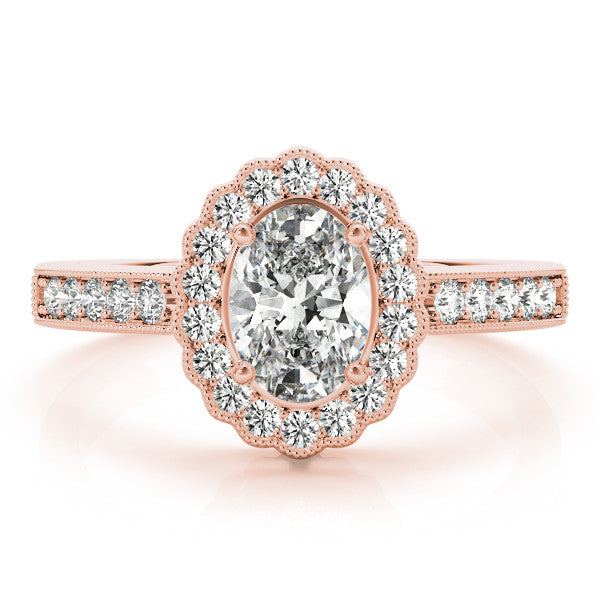 Rose gold Oval Halo Diamond Ring with Pavé Band and Four-Prong Setting