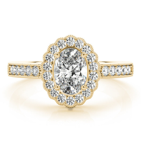 Yellow gold Oval Halo Diamond Ring with Pavé Band and Four-Prong Setting