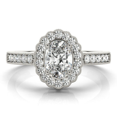 Silver Oval Halo Diamond Ring with Pavé Band and Four-Prong Setting