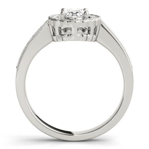 Platinum Oval Halo Diamond Ring with Pavé Band and Four-Prong Setting
