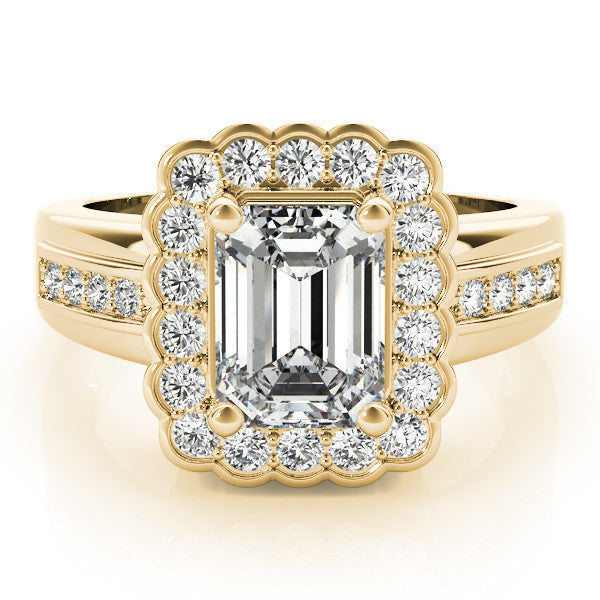 Yellow gold Emerald Cut Halo Pave Band Four-Prong Ring