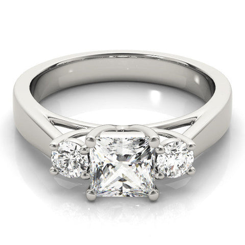 Silver Three-Stone Princess Cut Solitaire Ring with Round Side Stones and Four-Prong Setting
