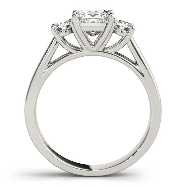 Silver Three-Stone Princess Cut Solitaire Ring with Round Side Stones and Four-Prong Setting