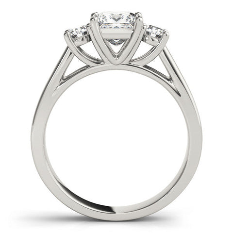 Silver Three-Stone Princess Cut Solitaire Ring with Round Side Stones and Four-Prong Setting