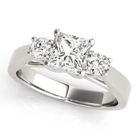 Silver Three-Stone Princess Cut Solitaire Ring with Round Side Stones and Four-Prong Setting