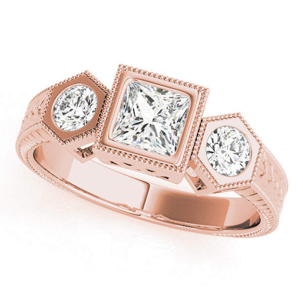 Rose gold Bezel-Set Princess and Round Cut Milgrain Band Ring