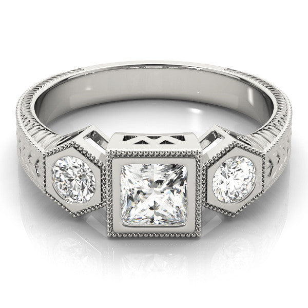Platinum Bezel-Set Princess and Round Cut Milgrain Band Ring
