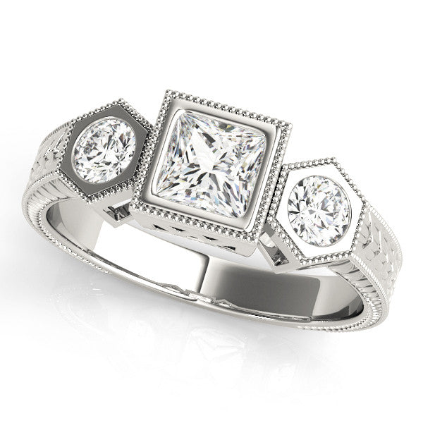 Platinum Bezel-Set Princess and Round Cut Milgrain Band Ring