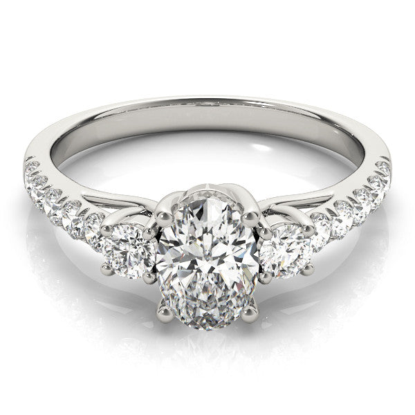 Platinum Heart Cut Three-Stone Diamond Pave Band with Prong Setting