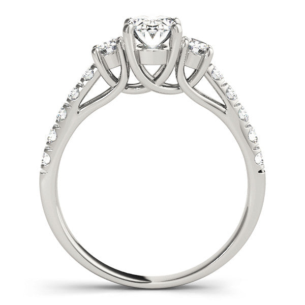 Platinum Heart Cut Three-Stone Diamond Pave Band with Prong Setting