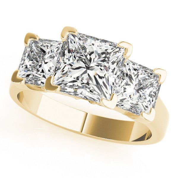Yellow gold Three-Stone Oval Cut Diamond Ring with Channel Set Band and Four-Prong Setting