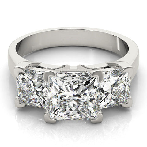 Silver Three-Stone Princess Cut Diamond Ring with Channel Set Band and Four-Prong Setting