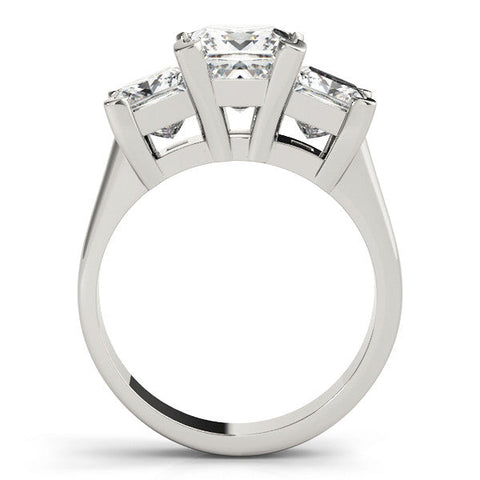 Silver Three-Stone Emerald Cut Diamond Ring with Channel Set Band and Four-Prong Setting