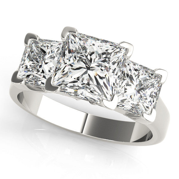 Silver Three-Stone Emerald Cut Diamond Ring with Channel Set Band and Four-Prong Setting