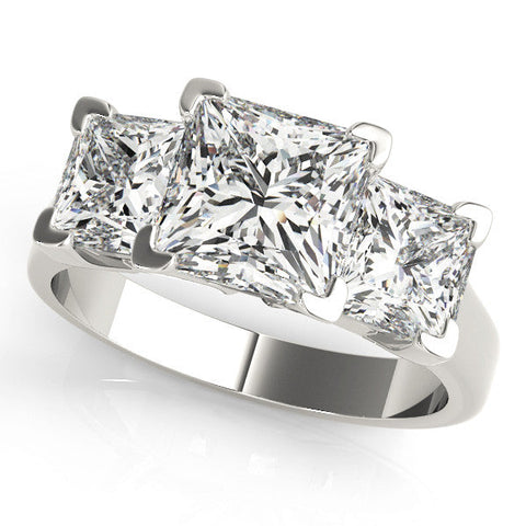 Silver Three-Stone Princess Cut Diamond Ring with Channel Set Band and Four-Prong Setting