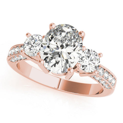 Rose gold Round Three-Stone Diamond Ring with Pavé Band and Four-Prong Setting